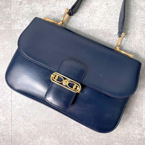 CELINE Vintage Navy Leather Shoulder Bag Gold Chain Hardware Classic from japan