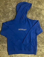 Off-White Blue Kids Pullover Hoodie Logo Graphic Fleece Cotton Pockets Size L