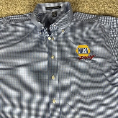 Mens 2XL Devon & Jones Napa Auto Parts Bill McAnally Racing BMR Blue Plaid Shirt