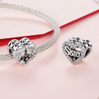Schwester 100% 925 Sterling Silber Charm Bead Freund Liebe Herz Familie Charms