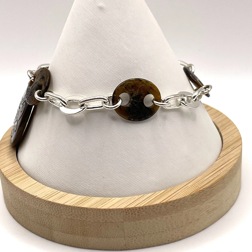 Brighton Lava Lounge Bracelet Silver Tone Chain with Brown Swirl Discs - Image 3 of 4