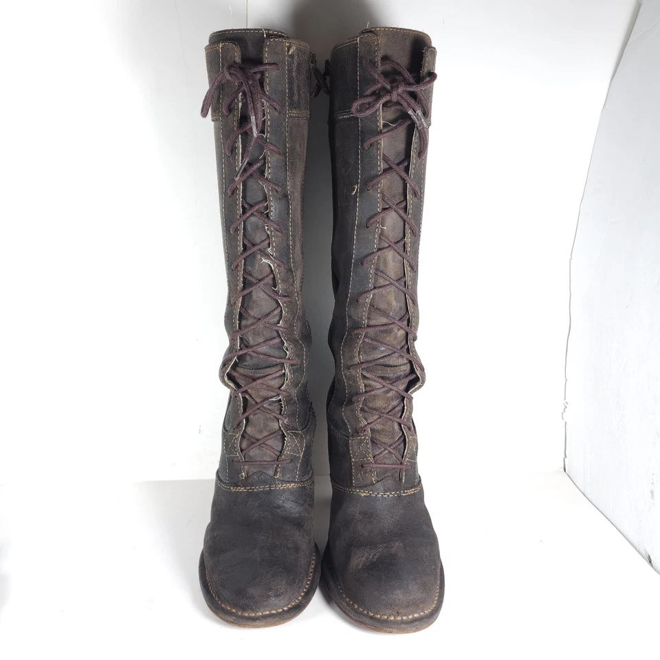 FRYE Mujer VILLAGER US 8,5M Marrón Gamuza Cuero Tacones Con Cordones Cremallera Botas Altas Foto 3 de 4