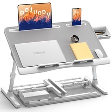 Adjustable XL Folding Laptop Bed Desk with Drawer - Leather Lap Tray, Grey