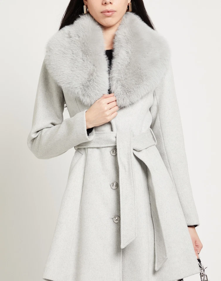 RRP€240 GUESS Coat Size M Grey Belted Faux Fur Trim Collared - Image 3 of 4