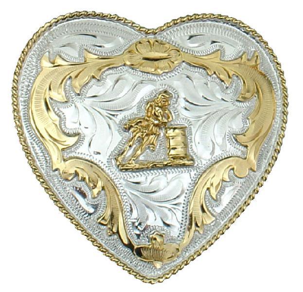 Western Pleasure German Silver Gold Heart Barrel Racer Belt Buckle 3 1/