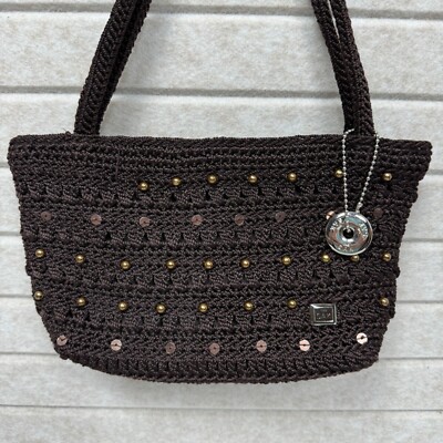 The Sak Brown Crochet Beaded Shoulder Bag Women's Purse Double