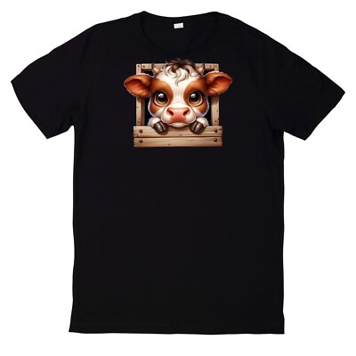 Cute Cow Looking Out Of A Wooden Window Motif Cotton T-Shirt