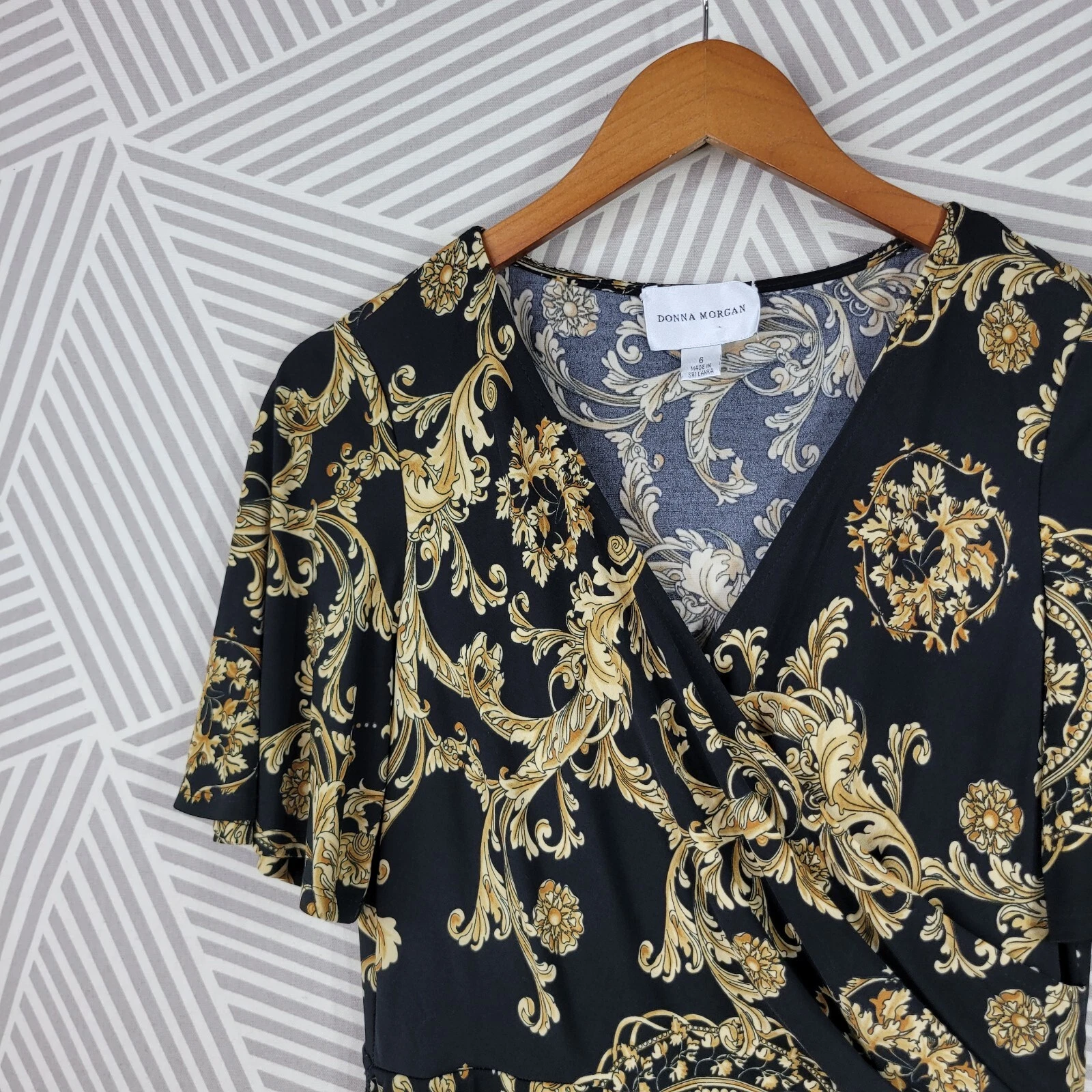 VETEMENTS Abito donna Morgan taglia 6 finto avvolgente elasticizzato sera evento royalcore nero oro