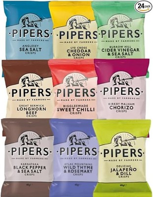 Pipers Chips gemischte Sorten Snack 8 Geschmacksrichtungen Box 24 x 40g Packung