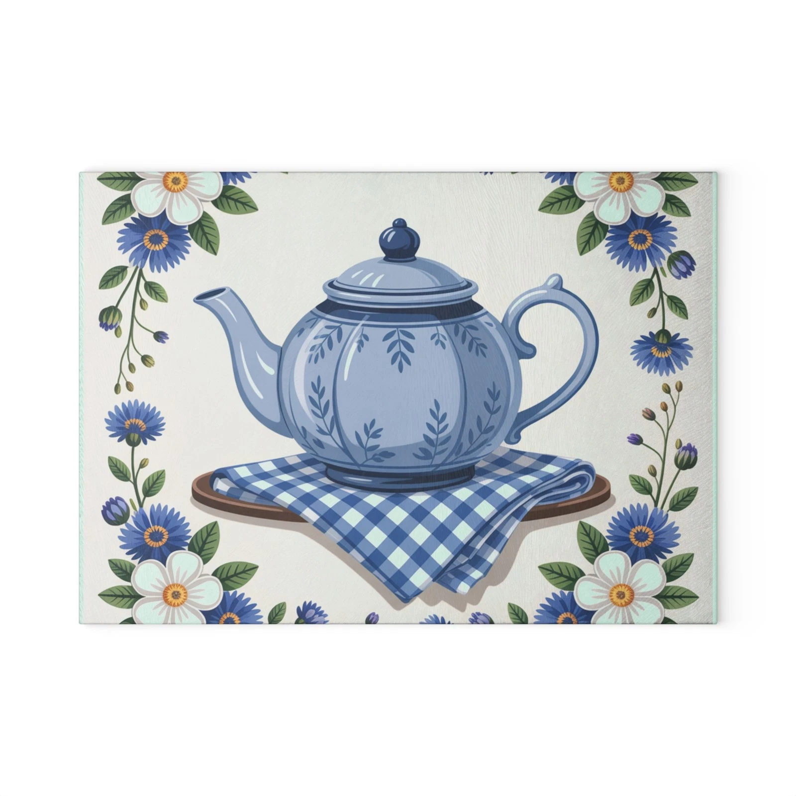 Blue Teapot Floral Pattern Glass Cutting Board | Kitchen Décor