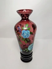 Vintage Elegant Amethyst Purple Glass Vase With Hand Painted Flowers 10" Tall 