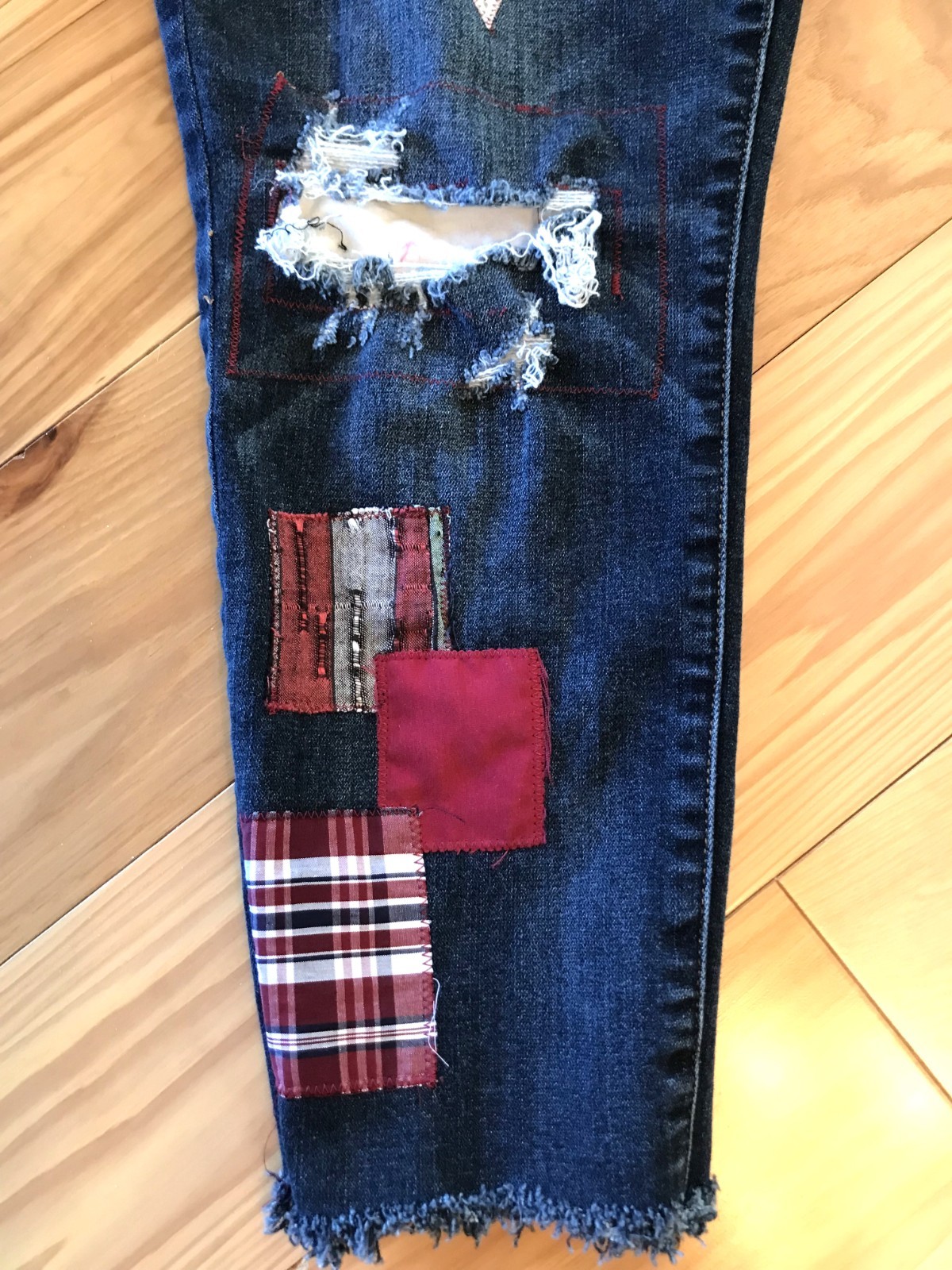 Upcycled Aztec Patchwork Jeans, Distressed Croppe… - image 13
