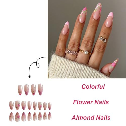 24 Pcs Colourful Flower Press on Nails Almond French Tip Fake Nails Medium - Picture 2 of 7