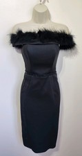 Lipsy black feather trim bardot midi scuba pencil dress 6 8 cocktail party 