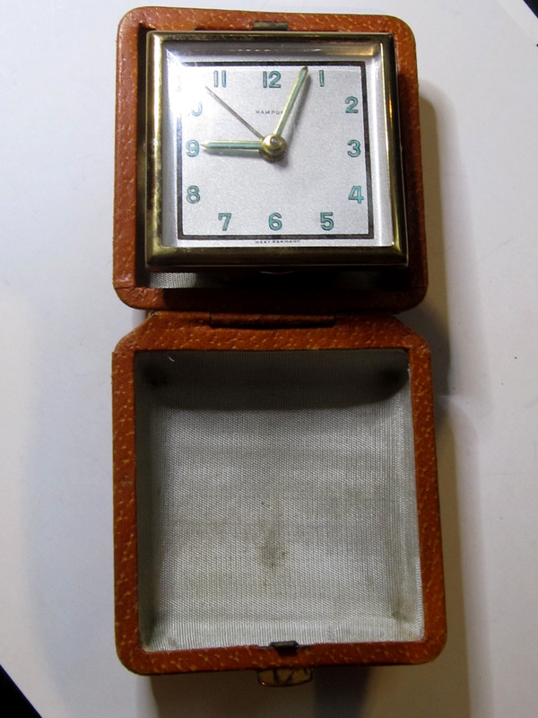 50s Vintage Hampden Travel Alarm Clock Wind-Up Mid-Century Leather Folding Case