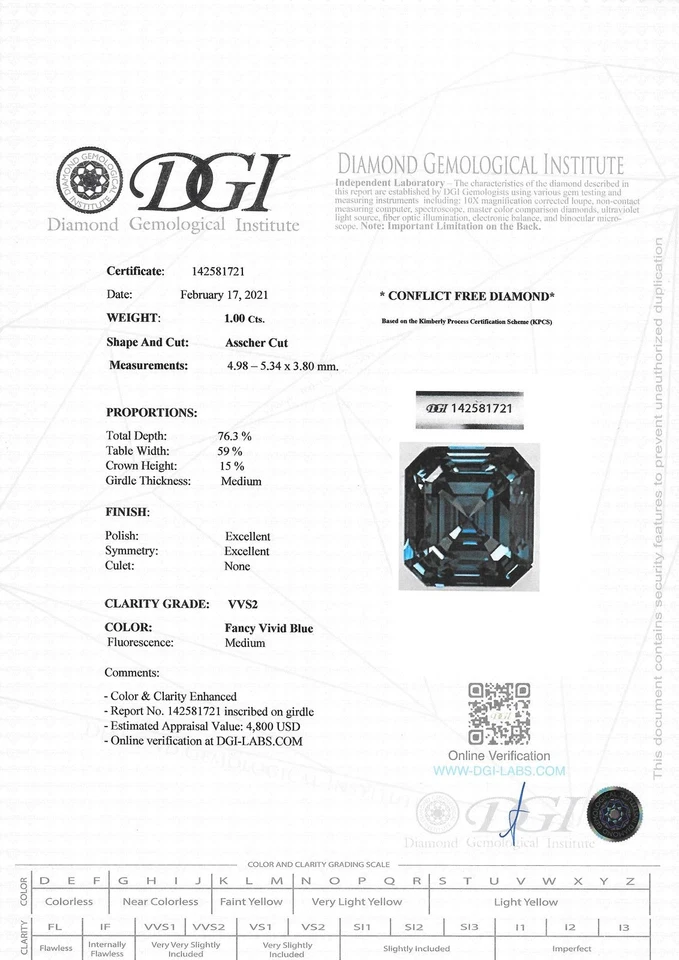 Asscher Cut Diamond Fancy Blue Color Loose VVS2 Enhanced Polished 1.00 Carat - Image 3 of 4