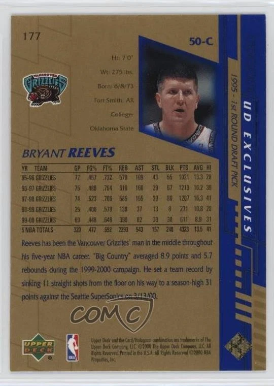 2000-01 Upper Deck Gold UD Exclusives /100 Bryant Reeves #177 - Image 2 of 2