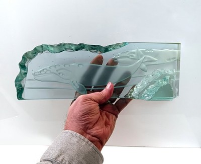 Glass Etched Humpback Whale Sculpture By Studio Artist Jerry Perrett 1995
