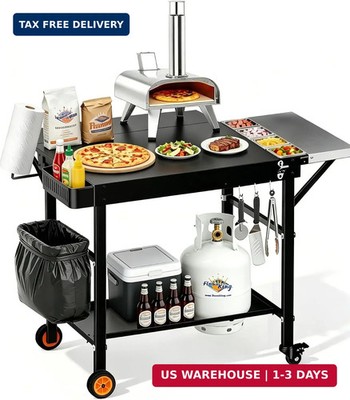 Outdoor Pizza Oven Table, Portable Pizza Oven Cart with Topping Station, Heavy D