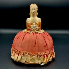 Antique Victorian Chalkware Half Doll Pin Cushion Vanity Boudoir Satin Ball Gown