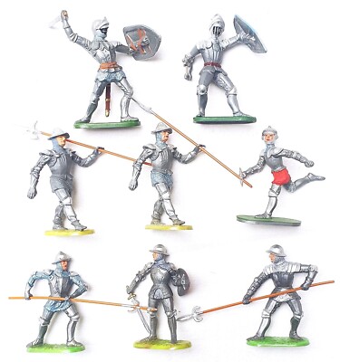 8x Elastolin Germany 1:25 (7cm) MEDIEVAL 14th Century FOOT KNIGHT Figure Lot `75