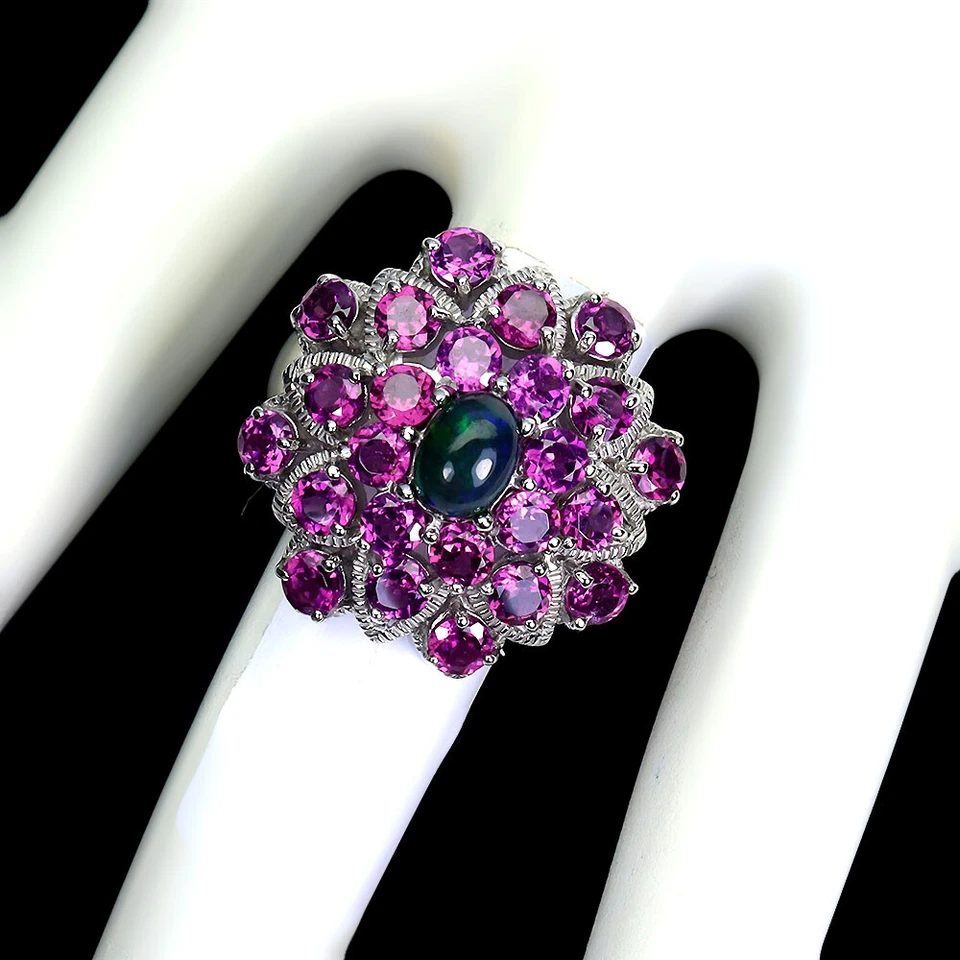 925 Sterling Silver Ring Oval Black Opal 7x5mm Rhodolite Gemstone Jewelry Size 9 - Image 3 of 4