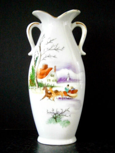 VINTAGE WHITE CHINA HAND PAINTED MINI VASE Reindeer Sleigh Winter Scene - Picture 1 of 4