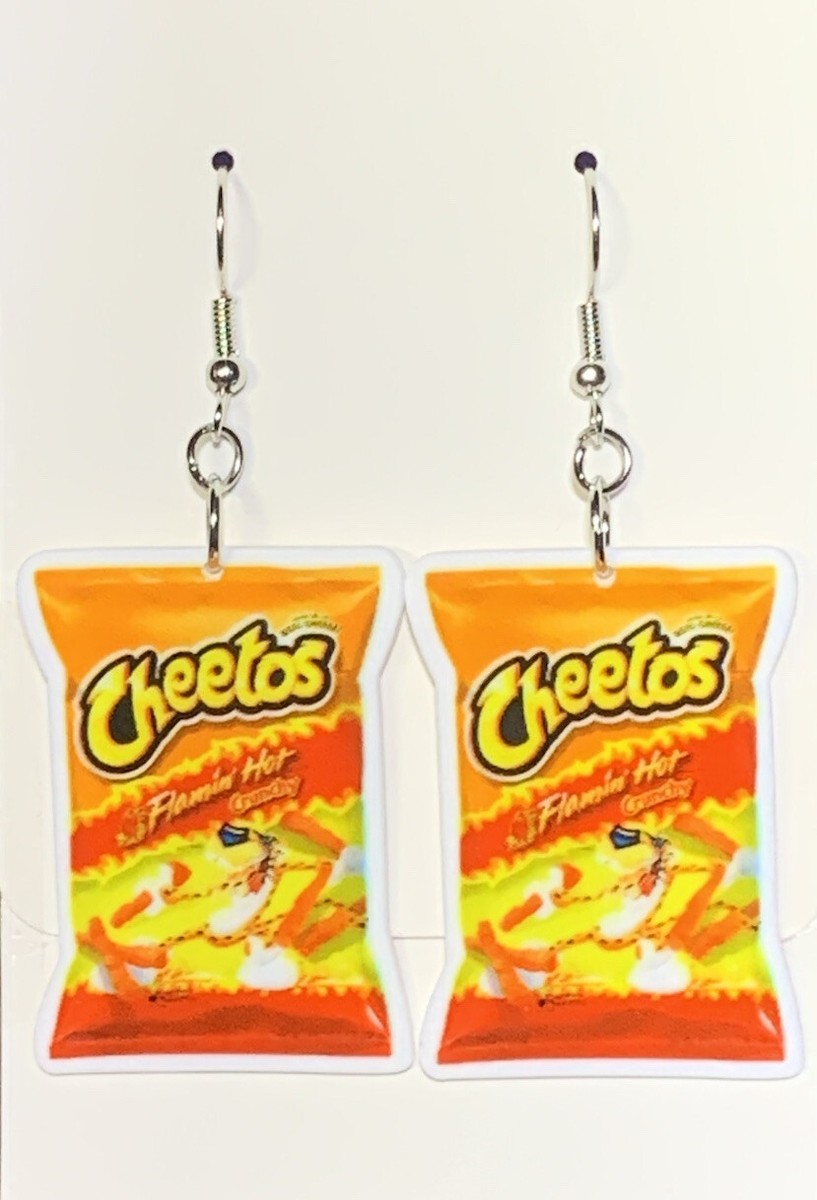 Silver Acrylic Flamin Hot Crunchy Cheetos Bag Drop Dangle Earrings
