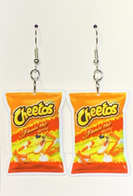 Silver Acrylic Flamin Hot Crunchy Cheetos Bag Drop Dangle Earrings!!