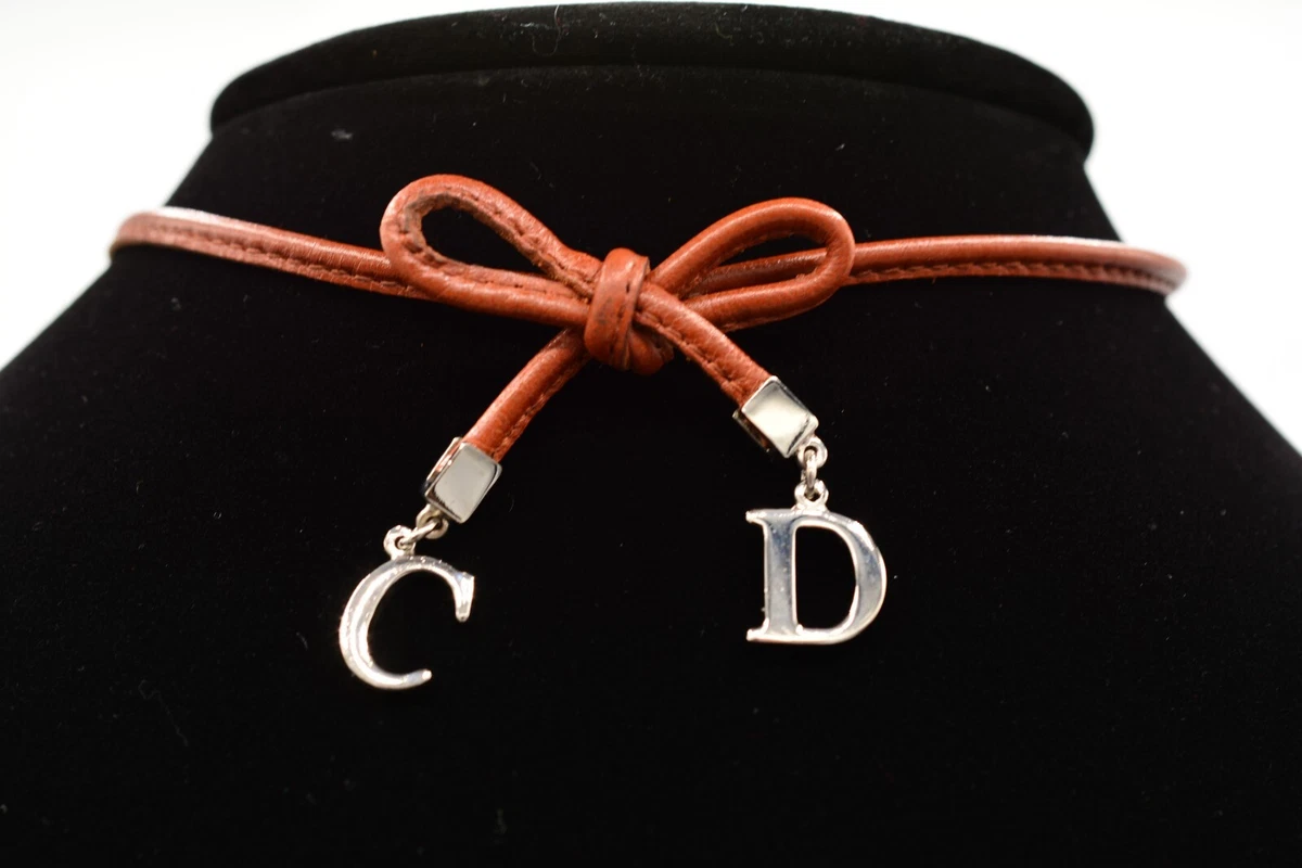 Christian Dior Vintage Bow Choker Necklace Logo CD Charm Brown