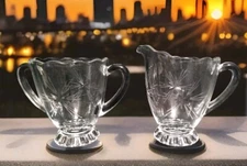 Vintage Crystal Glass Creamer and Sugar Bowl Etched Star Burst