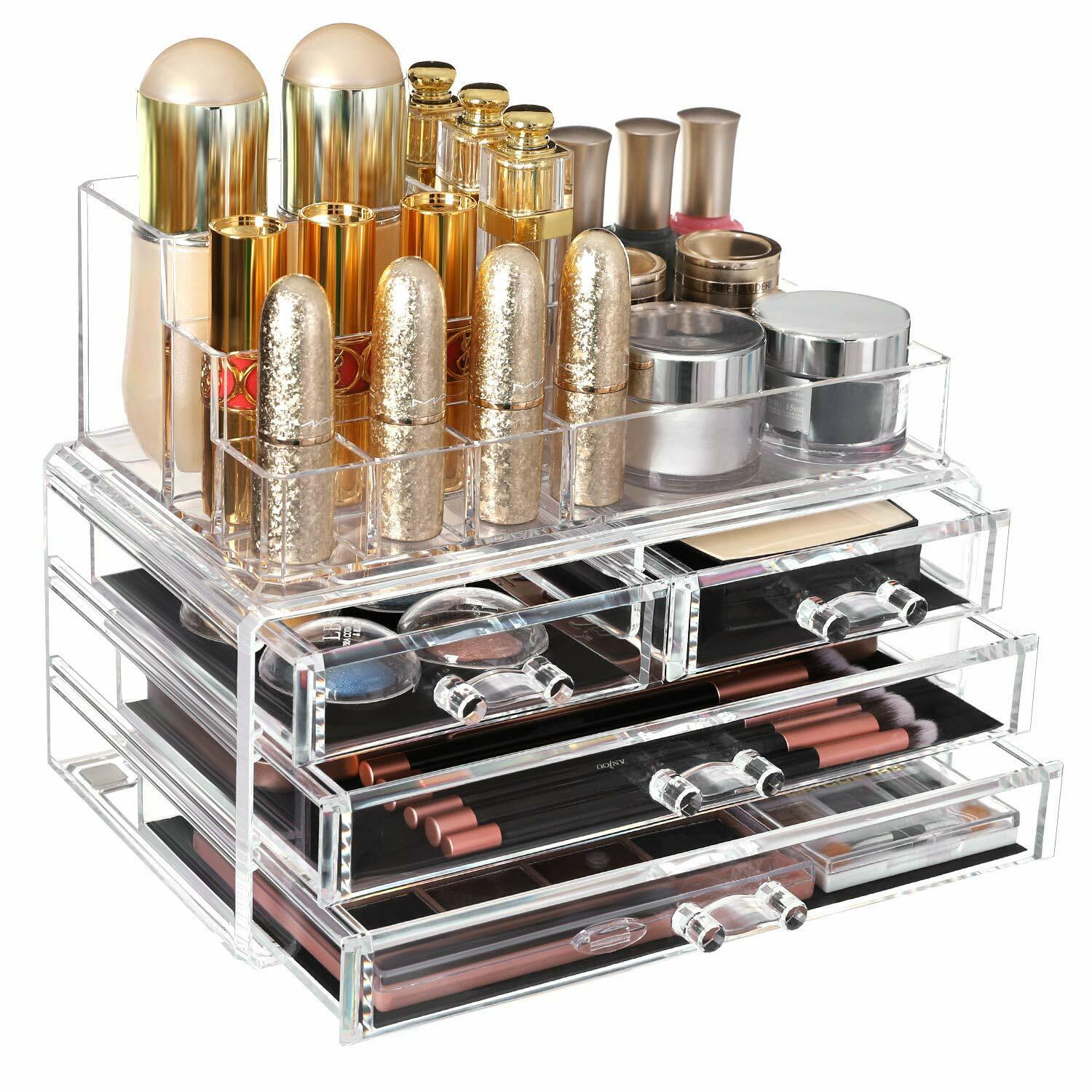 Organizador de maquillaje cosmeticos 11 compartimentos y 4 cajones, de acrilico