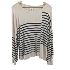 Cabi Womens Navy Striped Balloon Sleeve Top Size L Round Neck Cotton Blend Soft