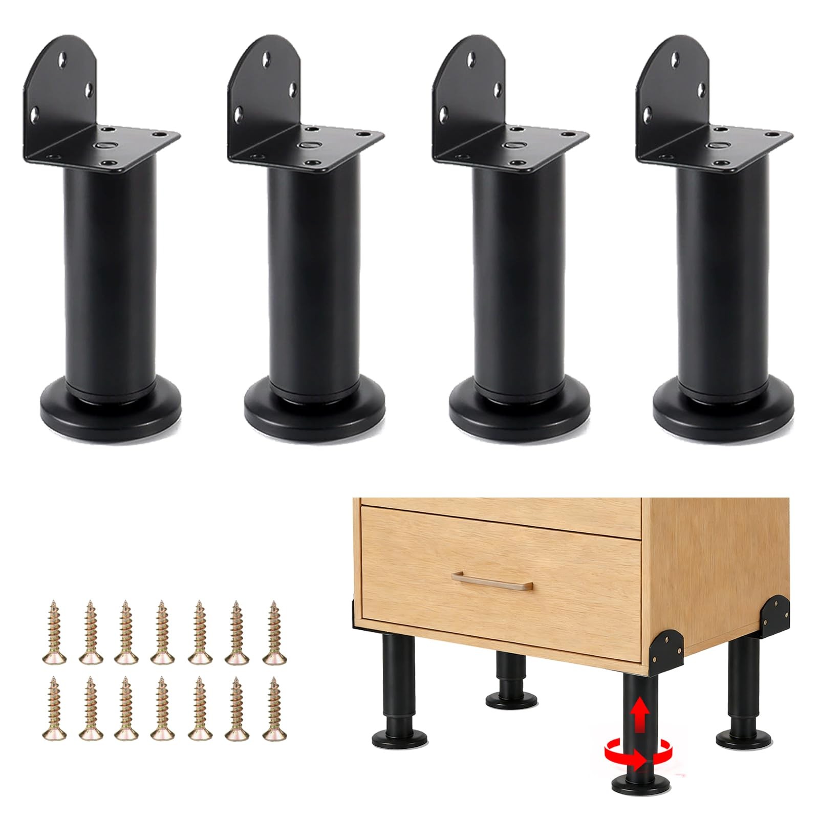 Pied de meuble réglable en métal noir 15cm à fixation latérale renforcée
