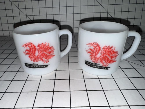 Set Of 2 Vintage USC South Carolina Gamecocks FEDERAL Milk Glass Coffee Mug Cup