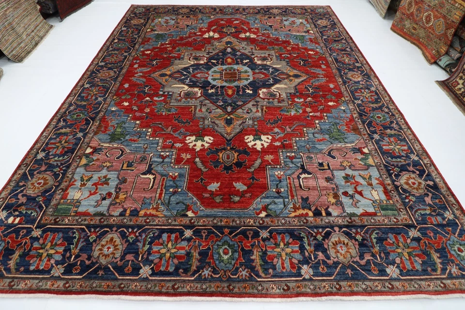 9 x 12 ft heriz Red Geometric Area Rug Afghan Hand Knotted Veg Dye Wool  Rug - Image 2 of 4