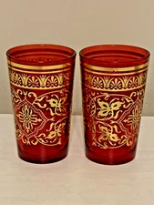 Set of 2 Vintage Moroccan Tea Glasses Red Gold Ornate Scrolls Paisley