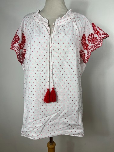 Talbots XL Shirt Oberteil weiß rot gepunktet V-Ausschnitt Ösen Kurzarm Damen Y2 - Bild 2 von 6