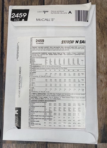 McCall's Easy Stitch N Save Pattern 2459 Blazer Skirt Pants Sz A 10-12-14-16 - Picture 2 of 2