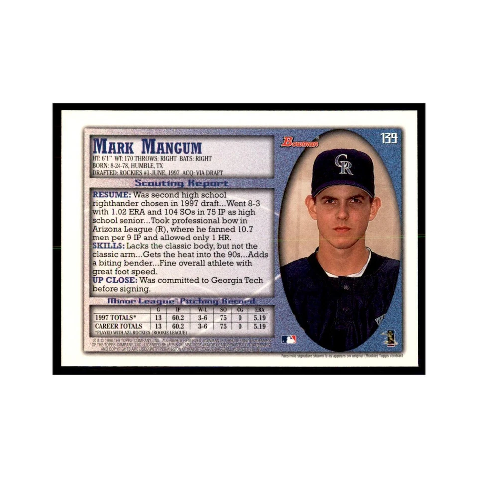 1998 Bowman Mark Mangum Baseball Cards #139 - Image 2 of 3
