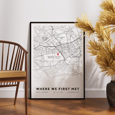 Where We First Met Personalisierte Karte Druck der Stadt Individuelles Poster mit Rahmen Dekor