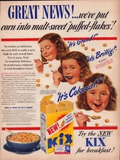 KIX Cereal Girl Eating Breakfast "It's Colossal" WWII Vintage Print Ad 1943