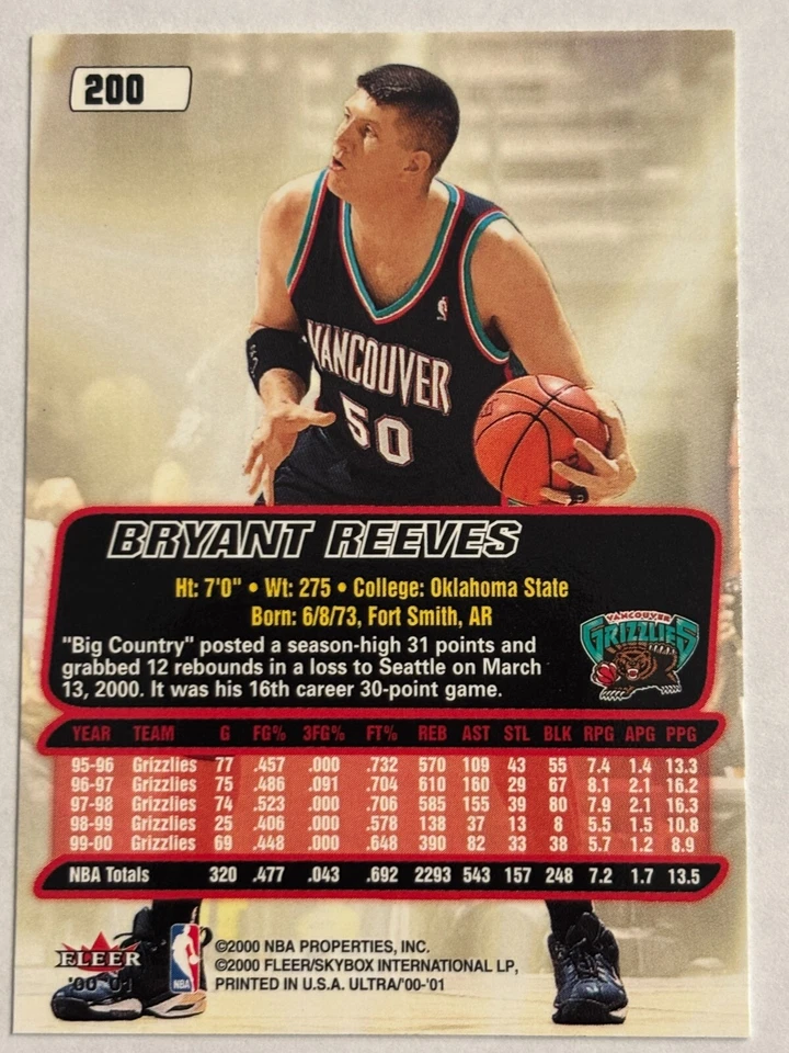 2000-01 Fleer Ultra #200 Bryant Reeves Vancouver Grizzlies - Image 2 of 2