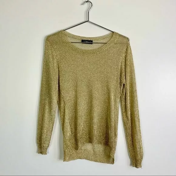 Lea R Women s Metallic Gold Knit Semi Sheer Long Sleeve Sweater Size S Pullover
