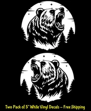 Bear Growling Full Moon Two 5" White Vinyl Decals Window Truck Car RV Camper