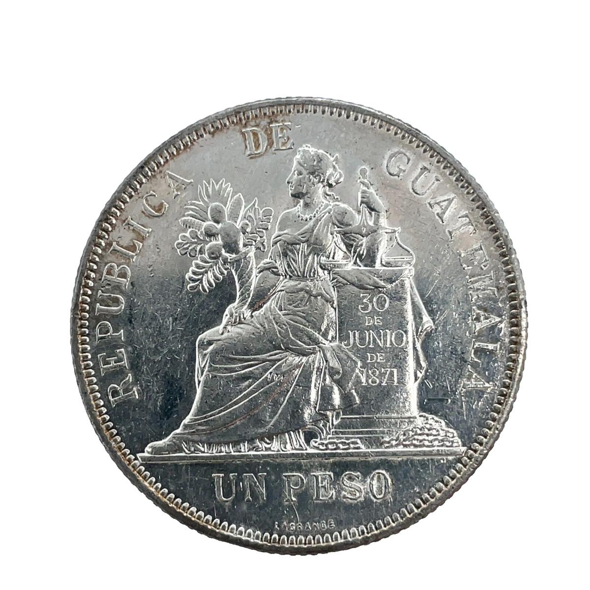 Guatemala 1894 One Peso Justice Seated Liberty Uncirculated 90