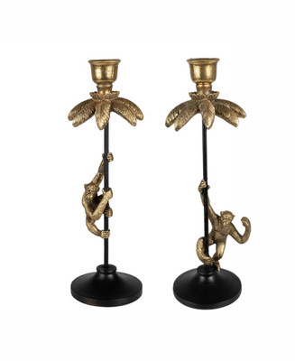 2er Set Kerzenhalter Kerzenständer Stabkerzen Goldfarbig Schwarz Affe Ø 11x32 cm