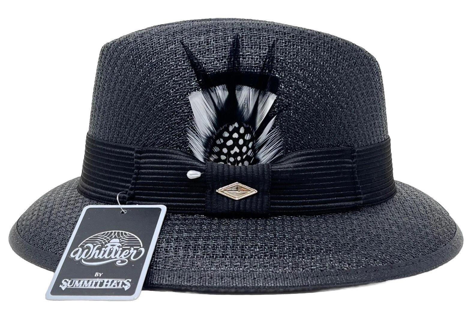Whittier Lowrider Fedora Straw Hat Mens Black With Black & White Combo Feather