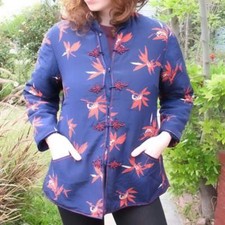 VTG Mandarin Cheongsam 100 Silk Winter Coat Jacket Blue Floral Frog Closure M