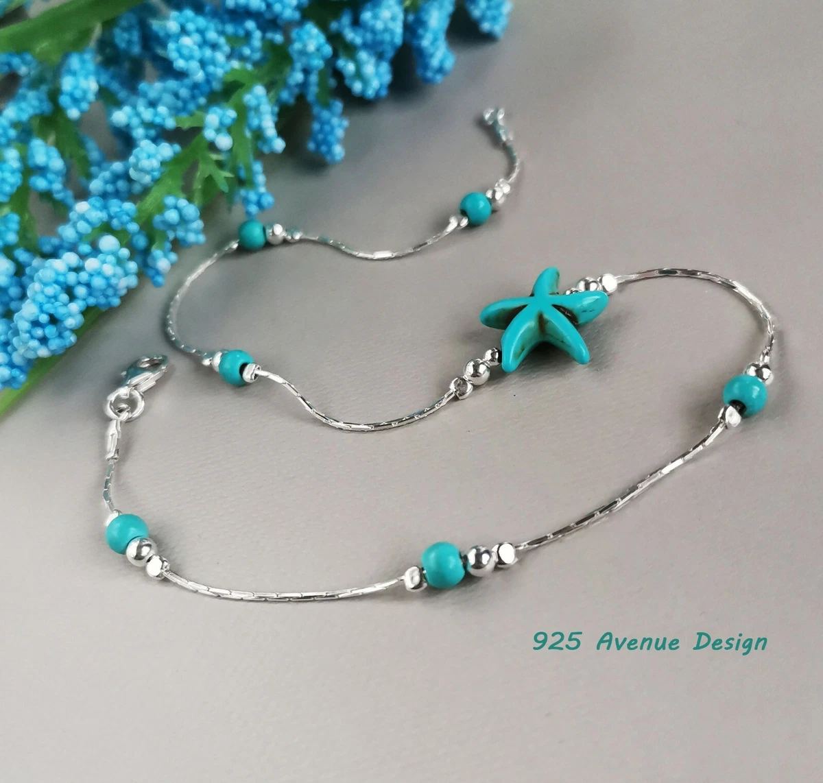 925 Sterling Silver ANKLET TURQUOISE starfish Chain Ankle Bracelet Birthstone